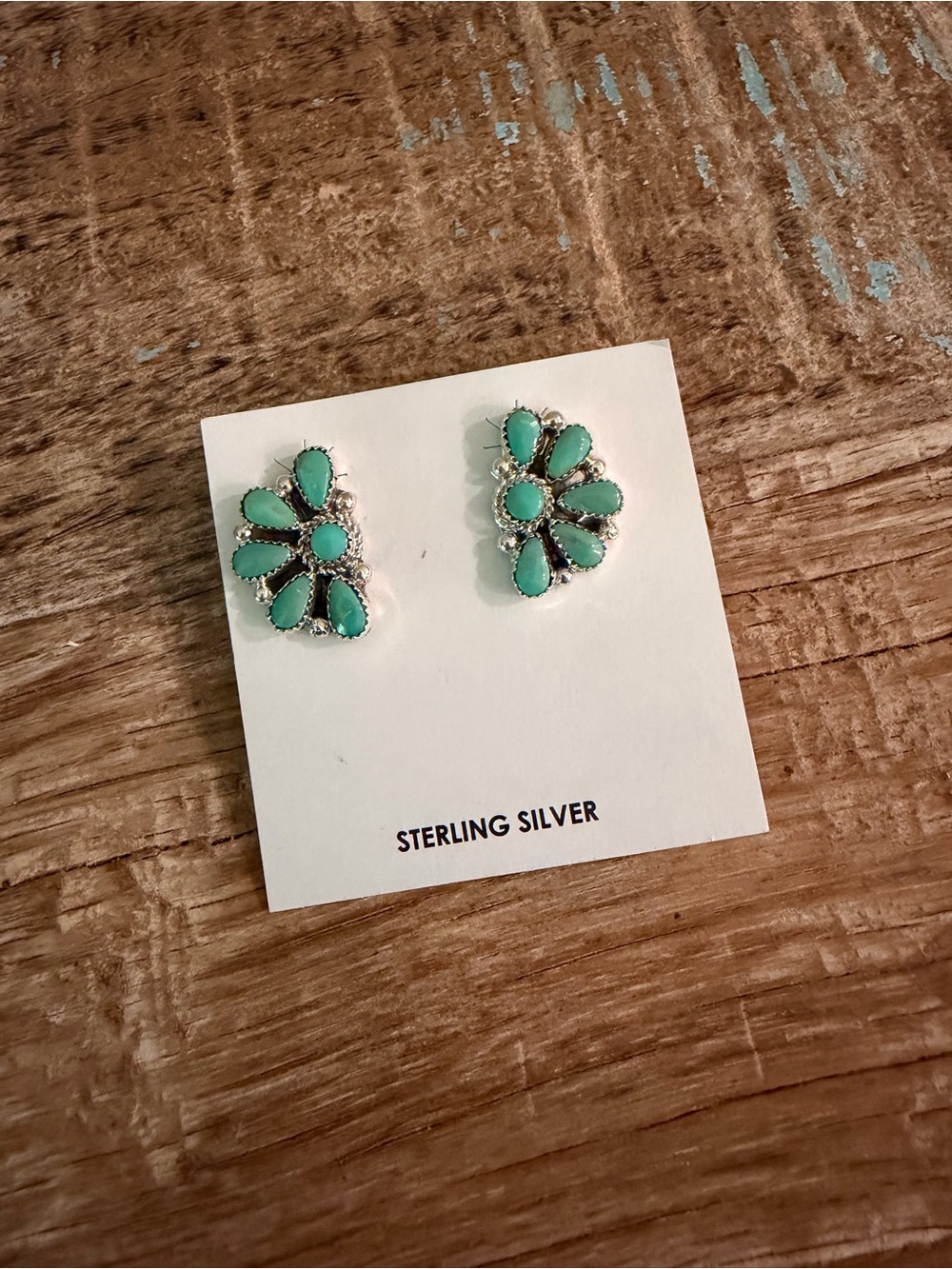 Native Made Signed 925 Sterling Silver Kingman Turquoise Cluster Stud Earrings